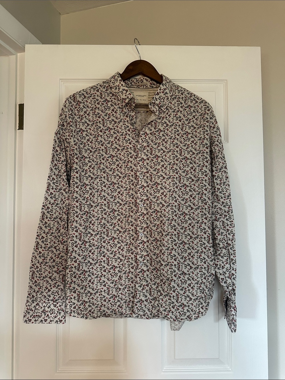 Denim & Flower Cream Button-Down Shirt with Red & Green Floral Print